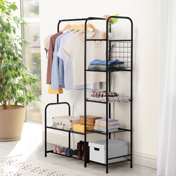Freestanding Coat Rack with Shelf, Shoe Rack, For Entryway, Bedroom, Black