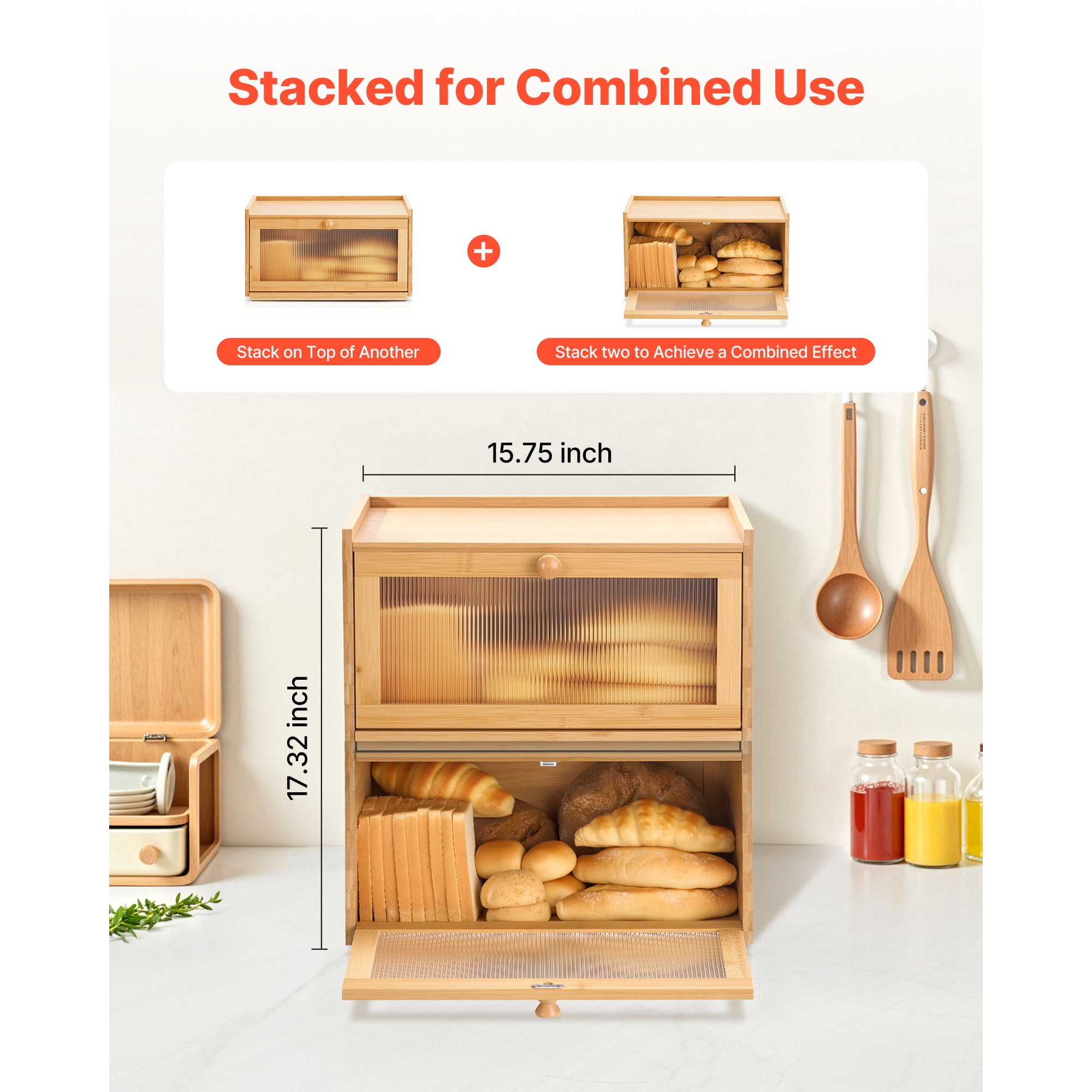 KFFKFF Large Capacity Bamboo Bread Storage Box for Kitchen Counter, Wooden Organizer for Homemade Bread with Acrylic Wavy Door, Natural Farmhouse Design