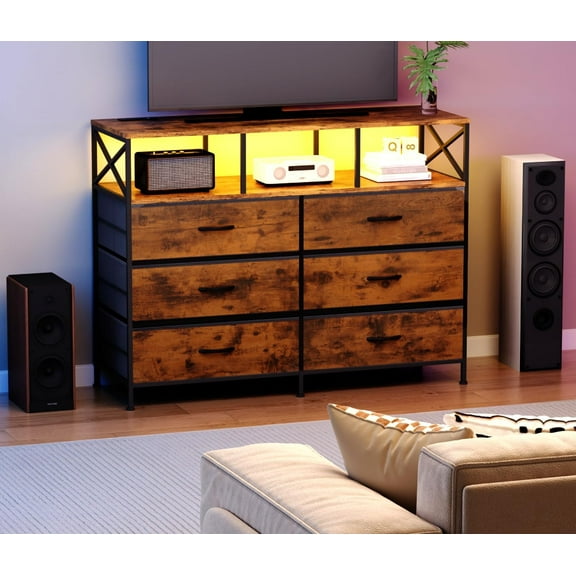 Dresser TV Stand with Power Outlet & LED Light, Entertainment Center with 6 Fabric Drawer, Bedroom TV Stand with Storage Shelves, Wood Top for Hallway, Rustic Brown