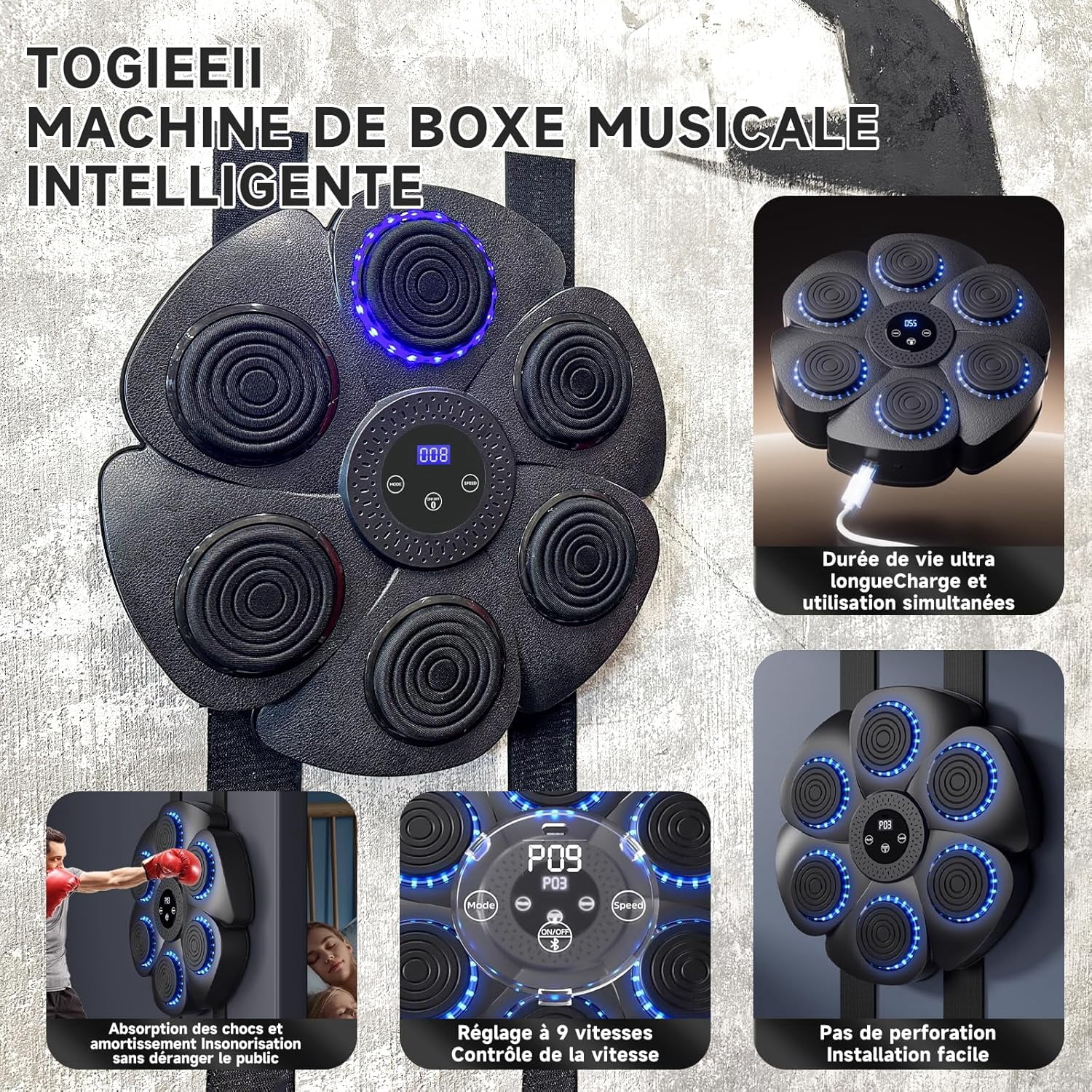 Smart Bluetooth Music Boxing Machine with LED Screen, Wall Mounted, Boxing Gloves Included for Adults and Kids Home or Gym Use