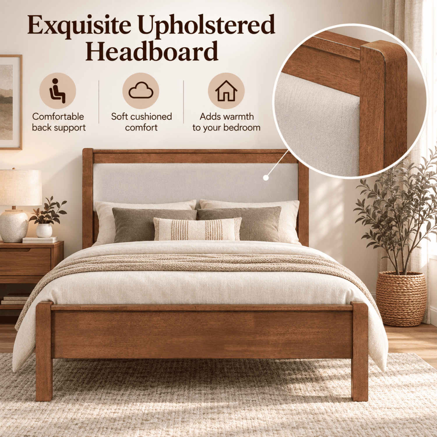 Miniyam Twin XL Rubberwood Platform Bed Frame with Padded Upholstered Headboard, Brown