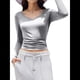 thumbnail image 2 of Camiseta Básica Ajustada de Punto Acanalado con Cuello en V y Larga para Mujer Gris XL, 2 of 7