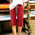 thumbnail image 2 of TOWED22 Women Summer Cotton Linen Bermuda Shorts Knee Length Plus Size Casual Beach Elastic Waist Drawstring Comfy Trendy Long Shorts（Red,L）, 2 of 4