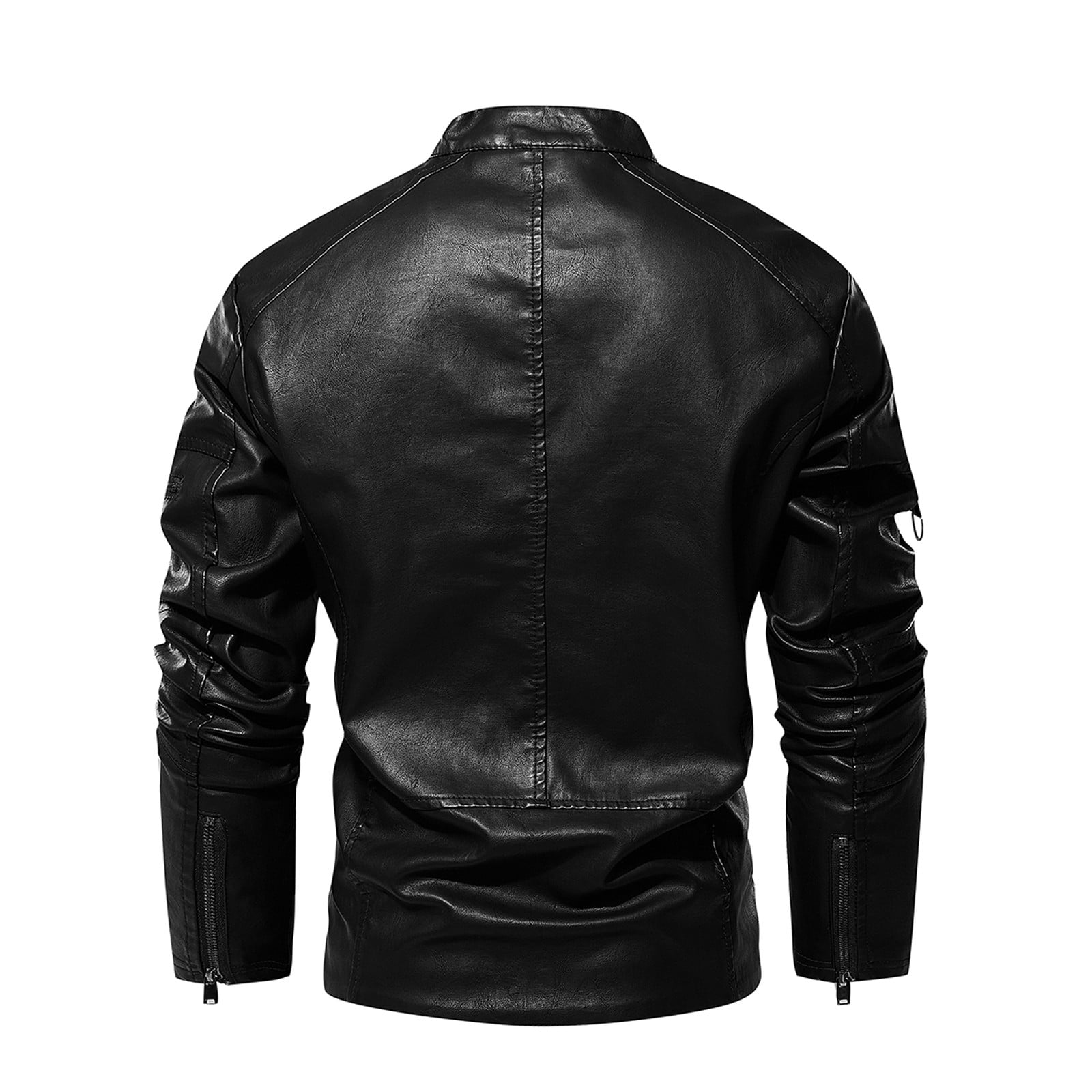 HAPIMO Leather Jacket Men's Casual Stand Collar Slim Leather Sleeve Flight Jacket Faux Leather Biker Jacket Black L