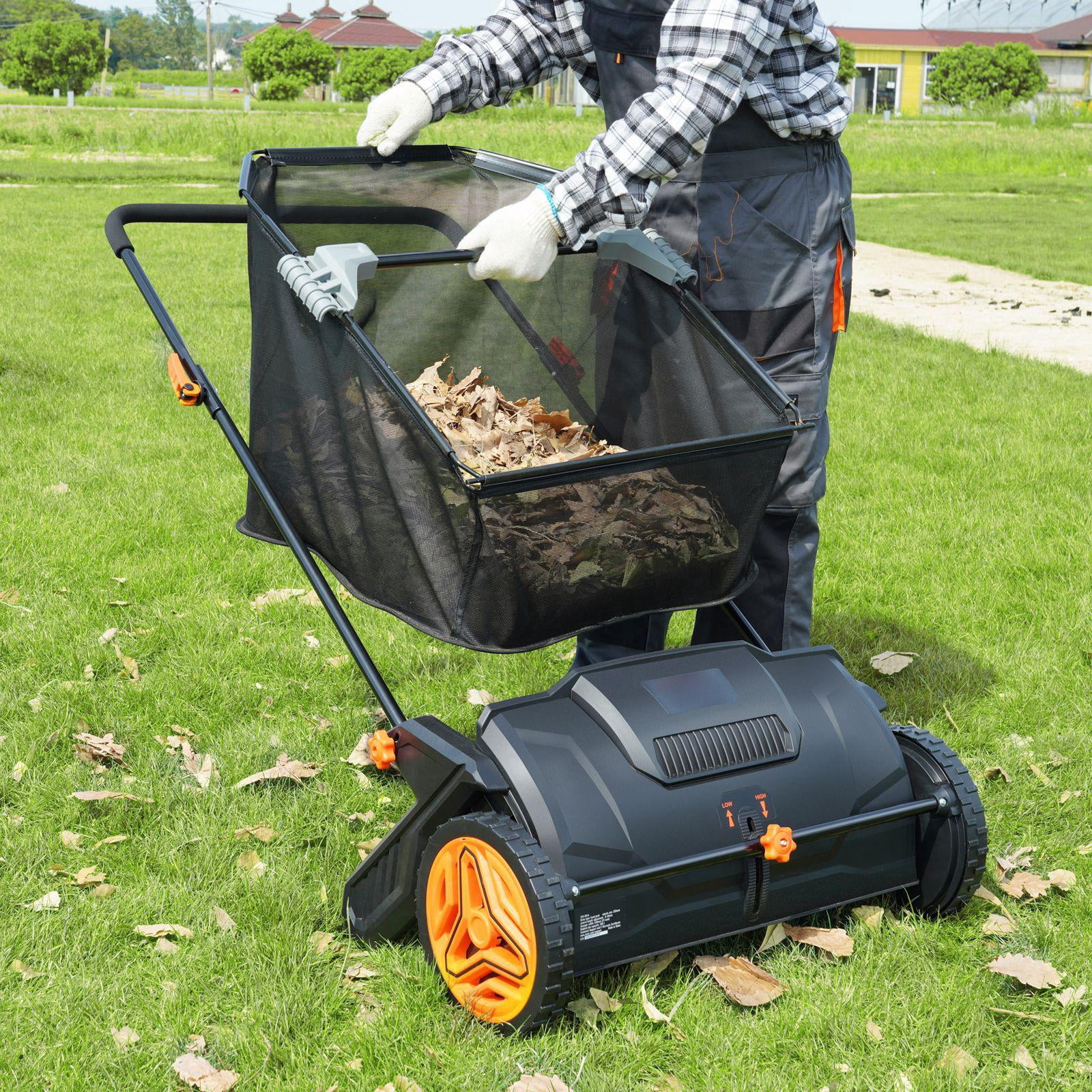 21 Inch Push Lawn Sweeper with 3.5 Cubic Foot Mesh Bag Heavy Duty Steel Construction Plastic Wheels Rotating Brushes