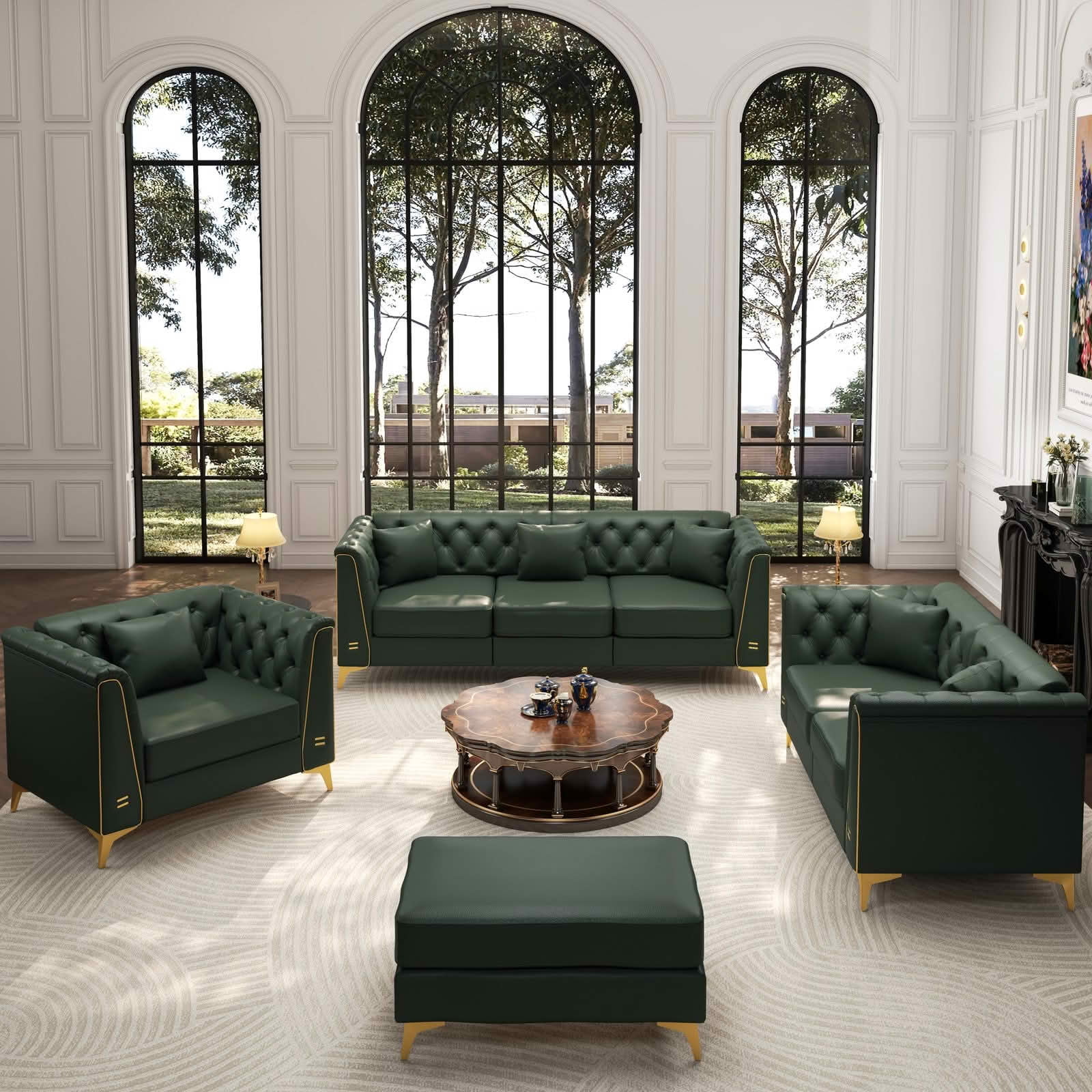 MAYEERTY Light Luxury Modular Chesterfield Sectional Sofa Set, Faux‑Leather Combination with Button Tufting, Metal‑Trim Armrest & Slim Metal Legs, 6 Pillows Included for Living Room