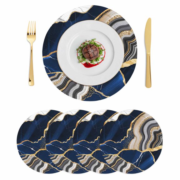 Blue Marble Round 15 Inch Placemats Set of 4, Grey Gold Texture Vintage Farmhouse Art HeatResistant Non Slip Place Mats for Dining Table, Wipeable Braided Kitchen Table Mats for Housewarming