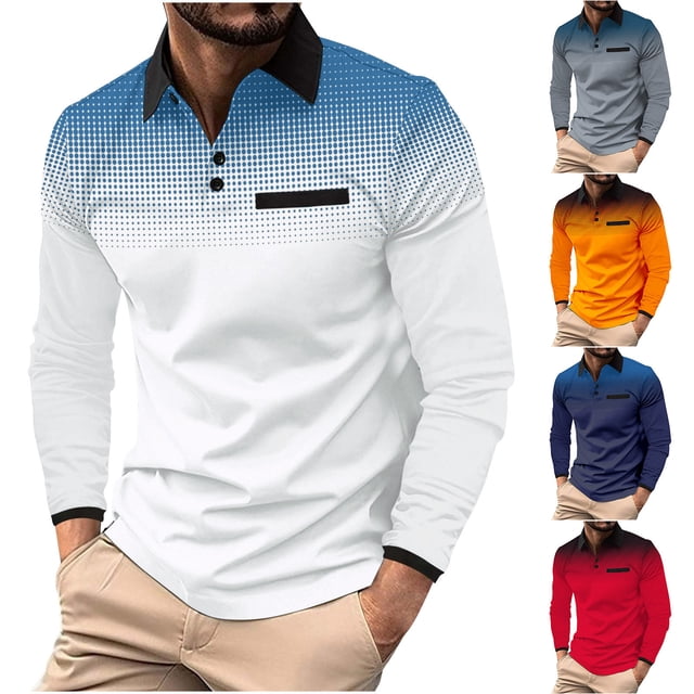UVEASISHA Polos Shirts for Men Quick Dry Long Sleeve Eyelet Golf Shirts Stylish Gradient Color Work Shirts Moisture Wicking Performance Button Tennis Shirt with Pocket Prime Day Deals Today,Gray,2XL