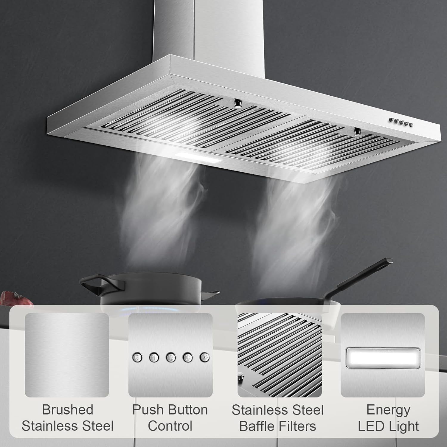 Joeaonz 30-Inch Wall Mount Range Hood, Stainless Steel, 450CFM, Ventless/Ducted, Ultra Quiet, LED Light, 3-Speed