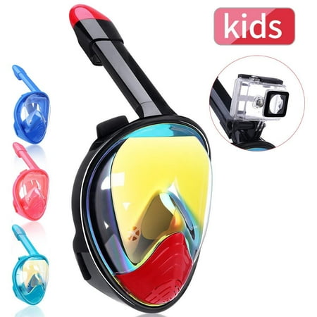 QingSong Newest Version Kids Full Face Snorkel Mask with Safety Free Breathing System, 180 Degree Panoramic Snorkel Set with Detachable Camera Mount Anti-Fog Anti-Leak Anti-UV KIDSMASK BLACK