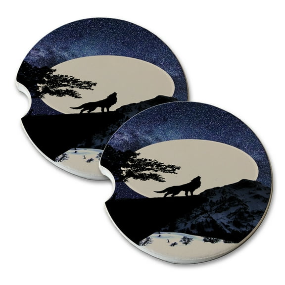 KuzmarK Sandstone Car Drink Coaster (set of 2) - Wolf Full Moon Stars