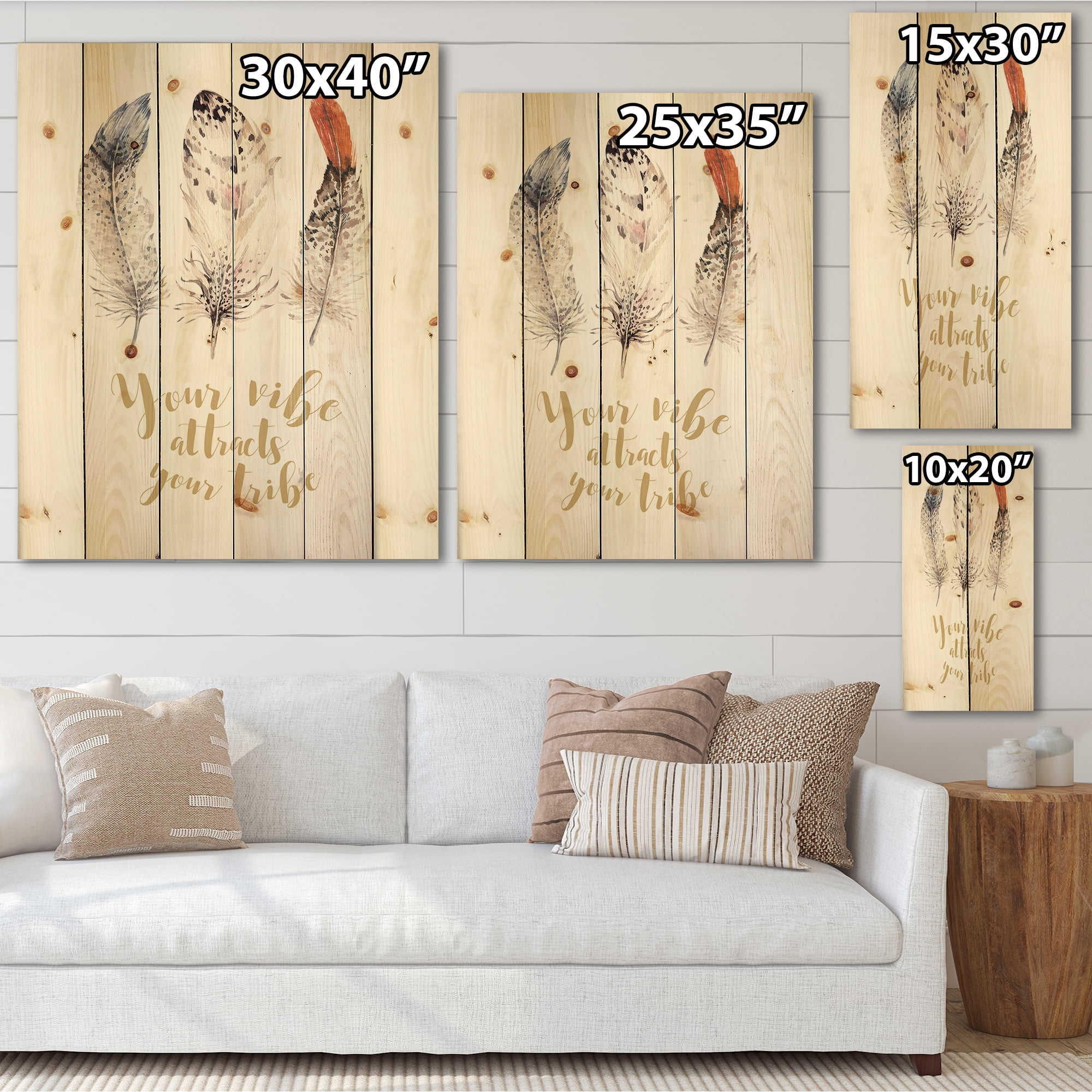 Designart 'Your Vibe Attracts Your Tribe Ethnic Feathers II' Bohemian & Eclectic Print on Natural Pine Wood