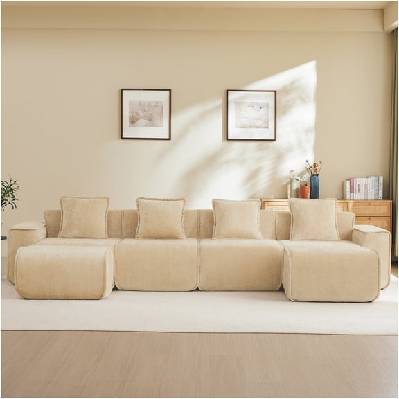 JERFIT U-Shaped 4-Piece Modular Sectional Sofa with Ottomans, Velvet Fabric, No Assembly Required, Light Camel for Living Room