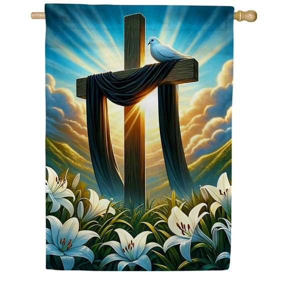 America Forever Easter Cross House Flag, 28x40 inch Double Sided, Christian He is Risen, Lilies and Cross Easter Religious Holiday Seasonal Spring Floral Yard Outdoor Decorative Flag
