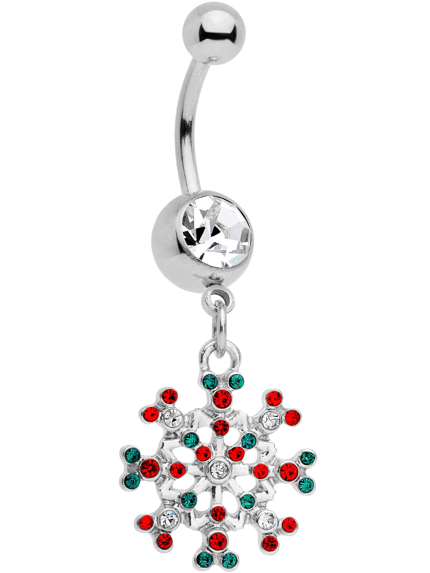 Body Candy 14G Steel Navel Ring Red Green Accent Winter Snowflake Belly