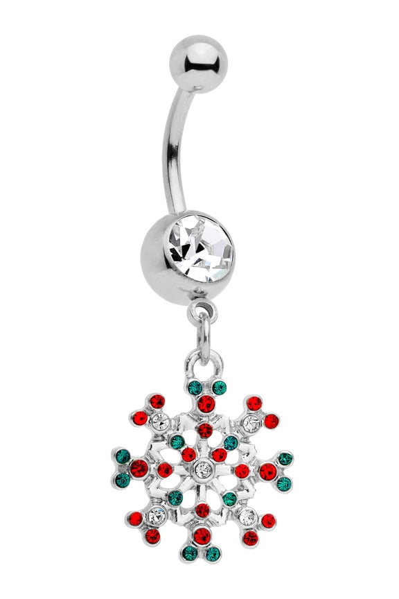 14G Steel Navel Ring Red Green Accent Winter Snowflake Belly Button Ring 1/2"