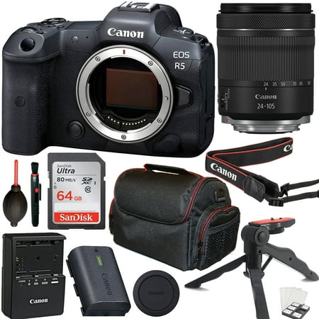 Canon EOS R5 Mirrorless Camera with RF 24-105mm f/4-7.1 IS STM Lens + 64GB Memory Card + Tripod + Case & More