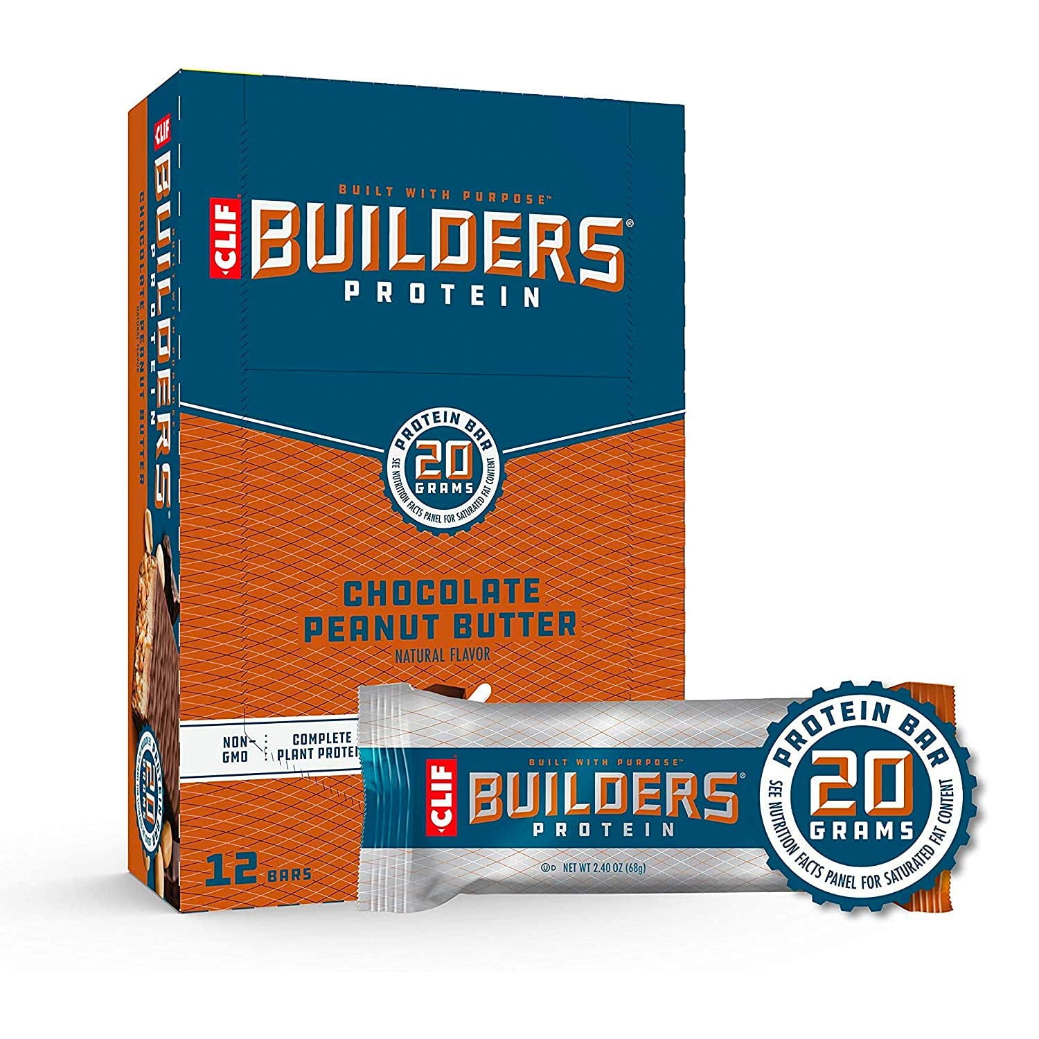 CLIF BUILDERS Protein Bars Chocolate Peanut Butter Flavor 20g Protein (2.4 Ounce, 12 Count