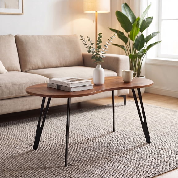 Irregular Bean Shaped Wood Coffee Table with Black Cutout Metal Legs, Modern Accent Table for Living Room and Apartment