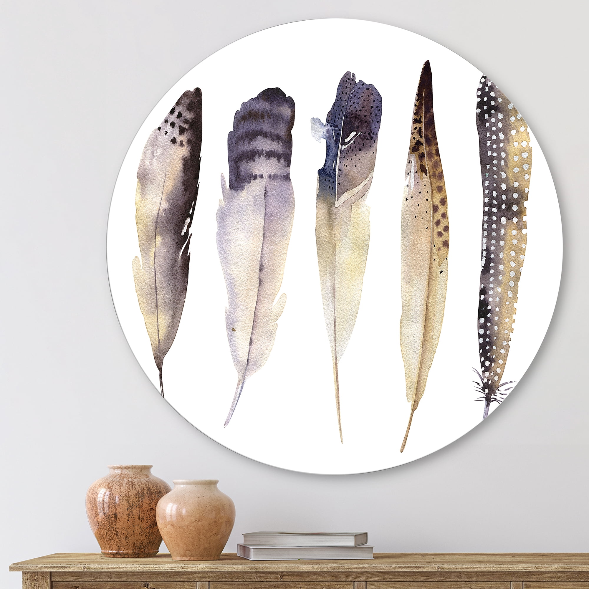 Designart 'Dark Gray Feathers Boho Ethnic II' Bohemian & Eclectic Circle Metal Wall Art 23x23 - Disc of 23