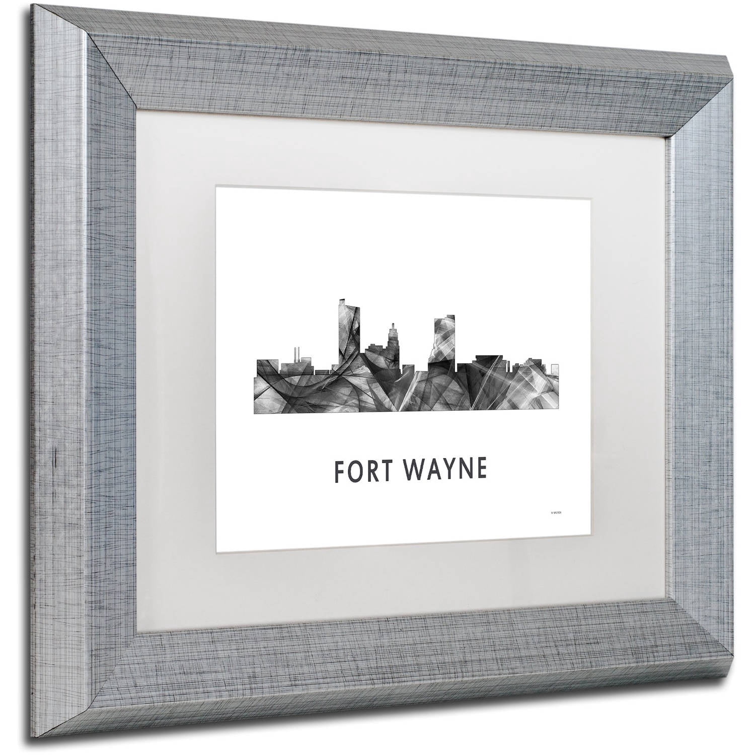 Trademark Fine Art 'Fort Wayne Indiana Skyline WB-BW' Canvas Art by Marlene Watson, White Matte, Silver Frame