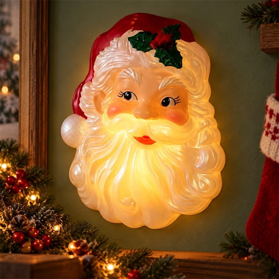 Clearance! Light-Up LED Santa Head Hanging Outdoor Christmas Decoration, Red and White, 8.13"