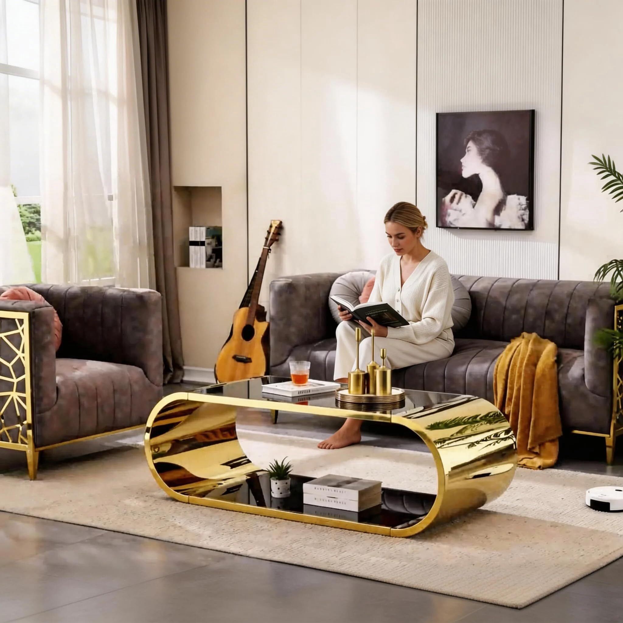 Shikeyi 57" Modern Oval Coffee Table with Gold Stainless Steel Base, 2-Tier Black Tempered Glass Top, Luxury Curved Center Table for Living Room, Home Office, Apartment, Unique Glam Decor