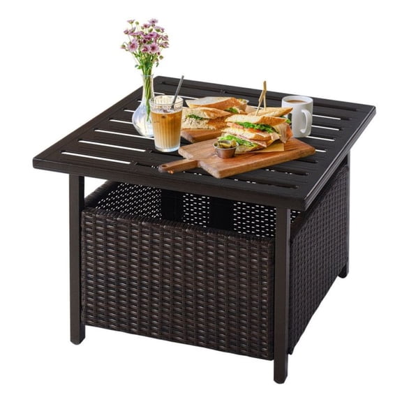 Outdoor Patio Side Table, Rattan Wicker Steel Deck Table with Umbrella Hole - 110lbs Capacity, Portable Bistro Table for Garden, Balcony, Lawn