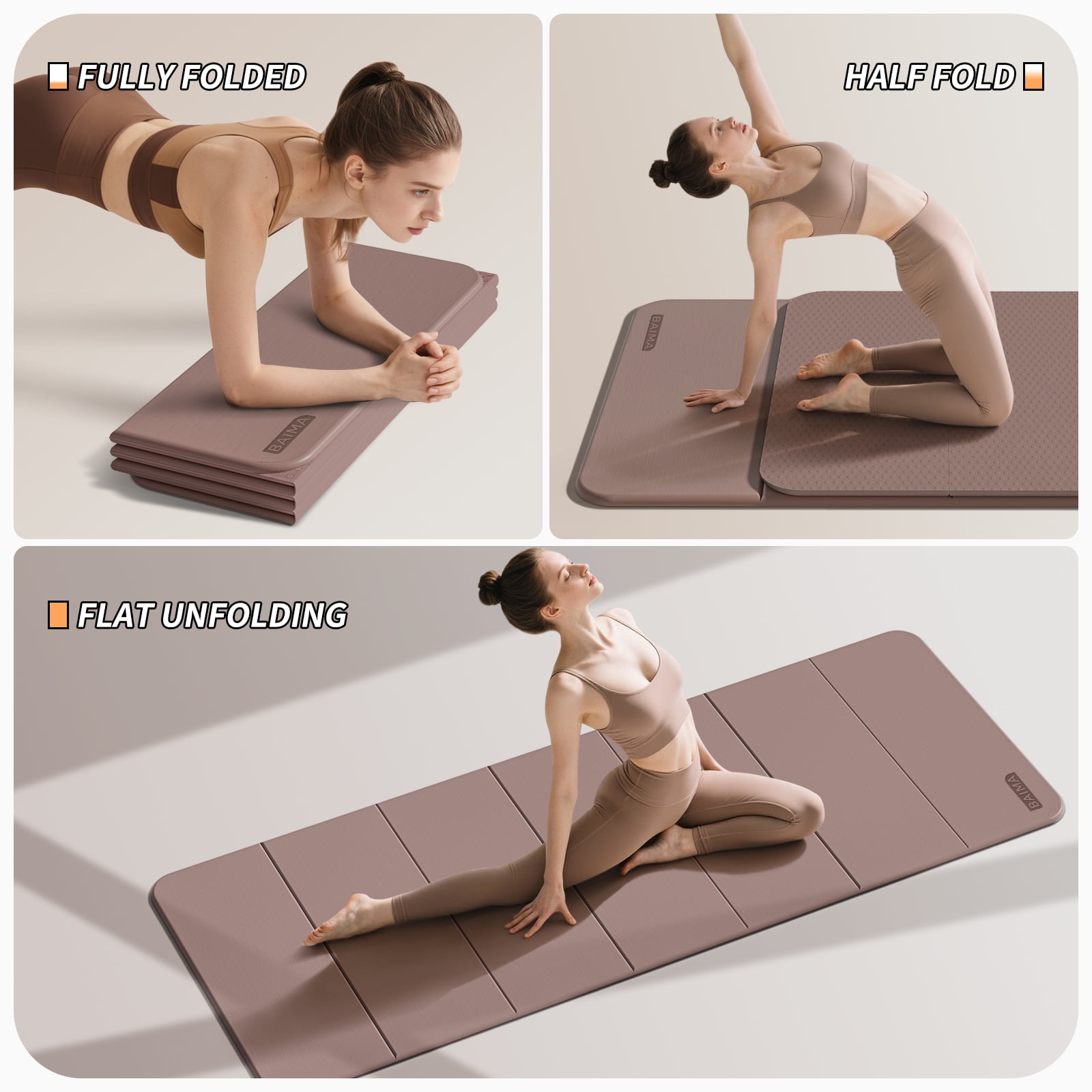 BAIMA Foldable Yoga Mat 10mm Thick , Workout Mats for Home Gym , Pilates,Quick Unfold/Stor,Non-Slip Surface,3.5lbs(Brown)