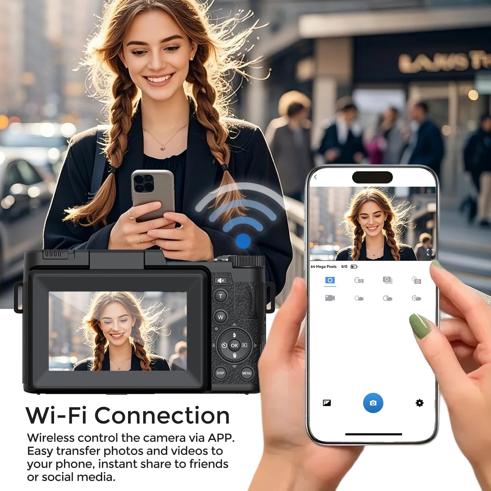 5K Vlogging Camera with WiFi 64MP 4K Digital Camera for Photography Vlog Camera with Flip Screen Video Camera for YouTube with Selfie Light, Mini Tripod, Batteries