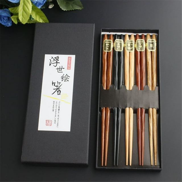 Juego de palillos reutilizables japoneses | Madera de Haya Natural | 5 Pares | Duradero ecológico | Estilo Chino | Acabado liso | Embalaje de caja de regalo | 22,5cm de longitud | Utensilios de