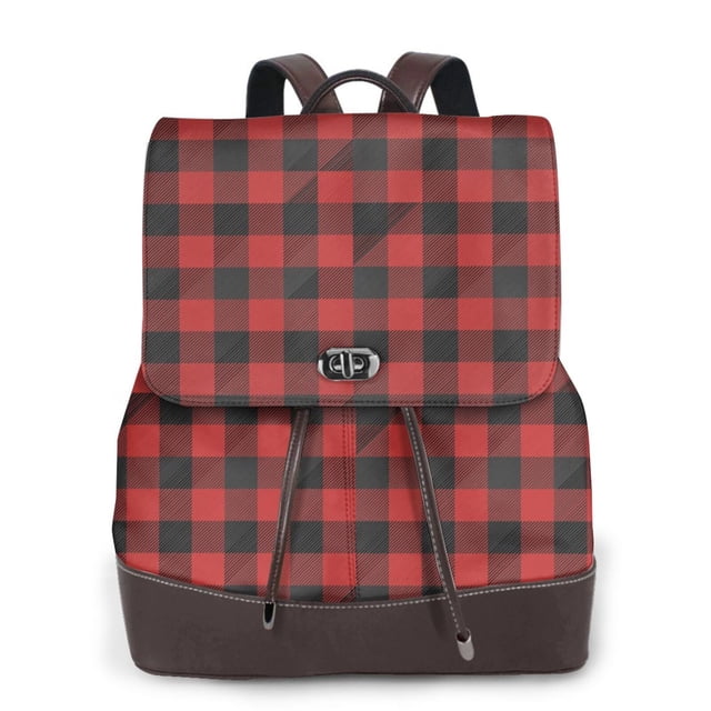 Easygdp Red Black Plaid Mochila de Cuero para Mujeres, Bolso de Hombro, Bolsos de Mano de Moda para Trabajo y Viajes