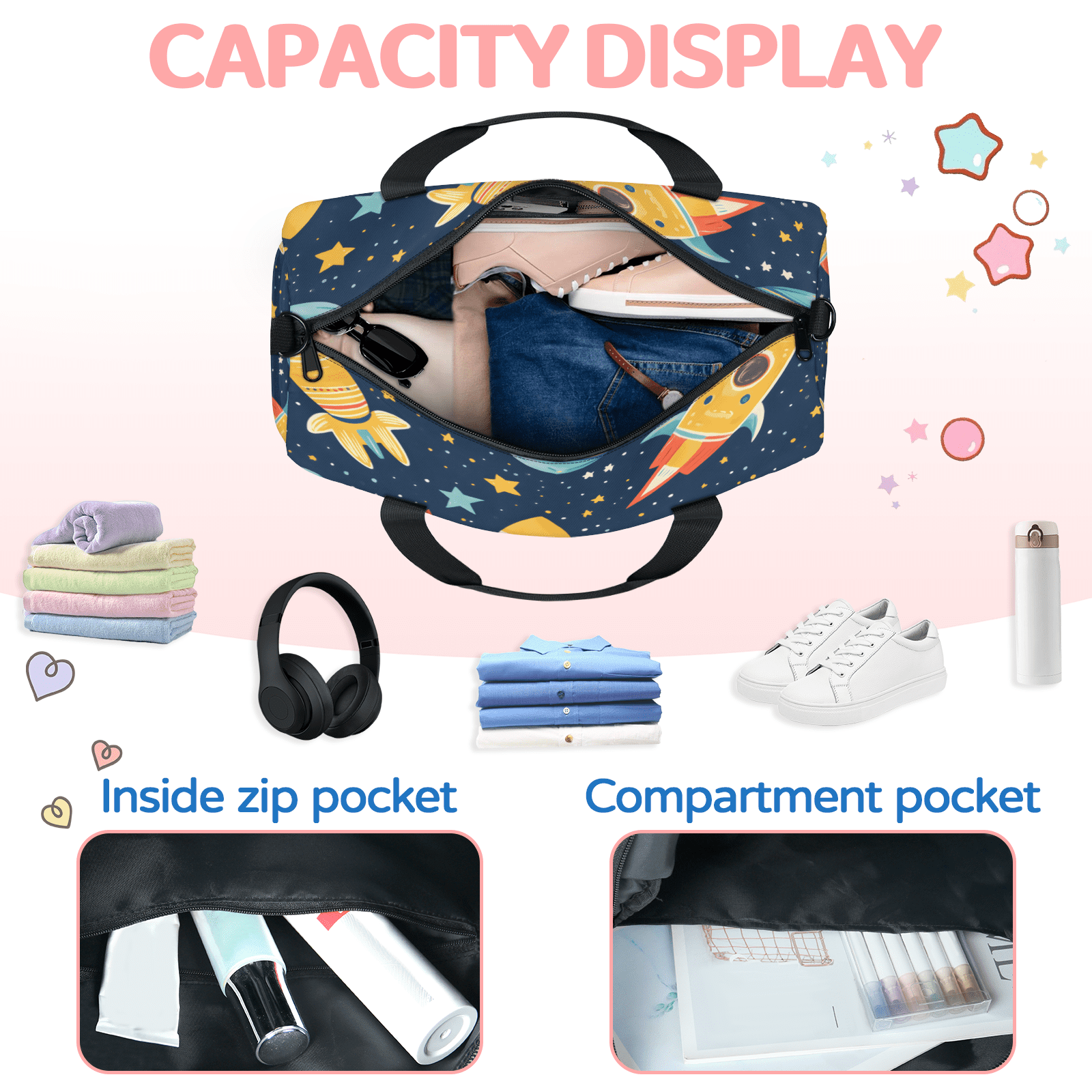 Herdesigns Rocket Gym Bag for Women, Duffle Bag for Travel Sport, Galaxy Star Lightweight Waterproof Carry on Weekender Dance Yoga Workout Bags