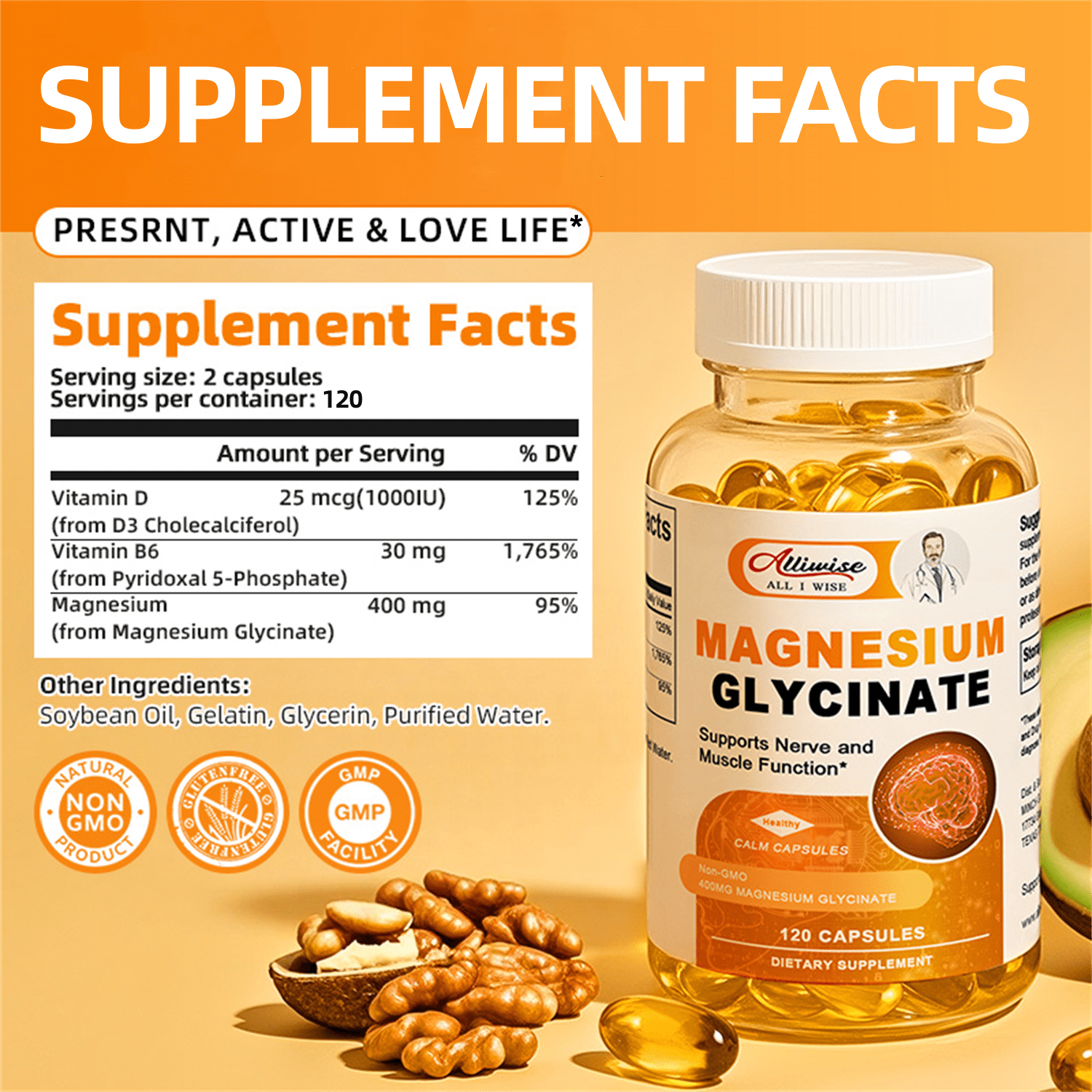 (2 Pack) Alliwise Magnesium Glycinate 400mg, High Absorption  Chelated Magnesium Supplement, Supports Muscle, Heart, and Immune Health, 240 Capsules