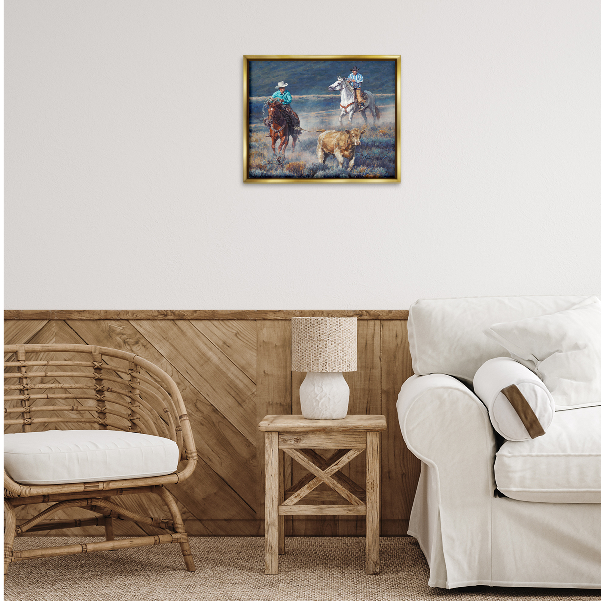 Stupell Industries The Chase Cowboys Landscape Painting Gold Floater Framed Canvas Art Print Wall Art, 21 x 17