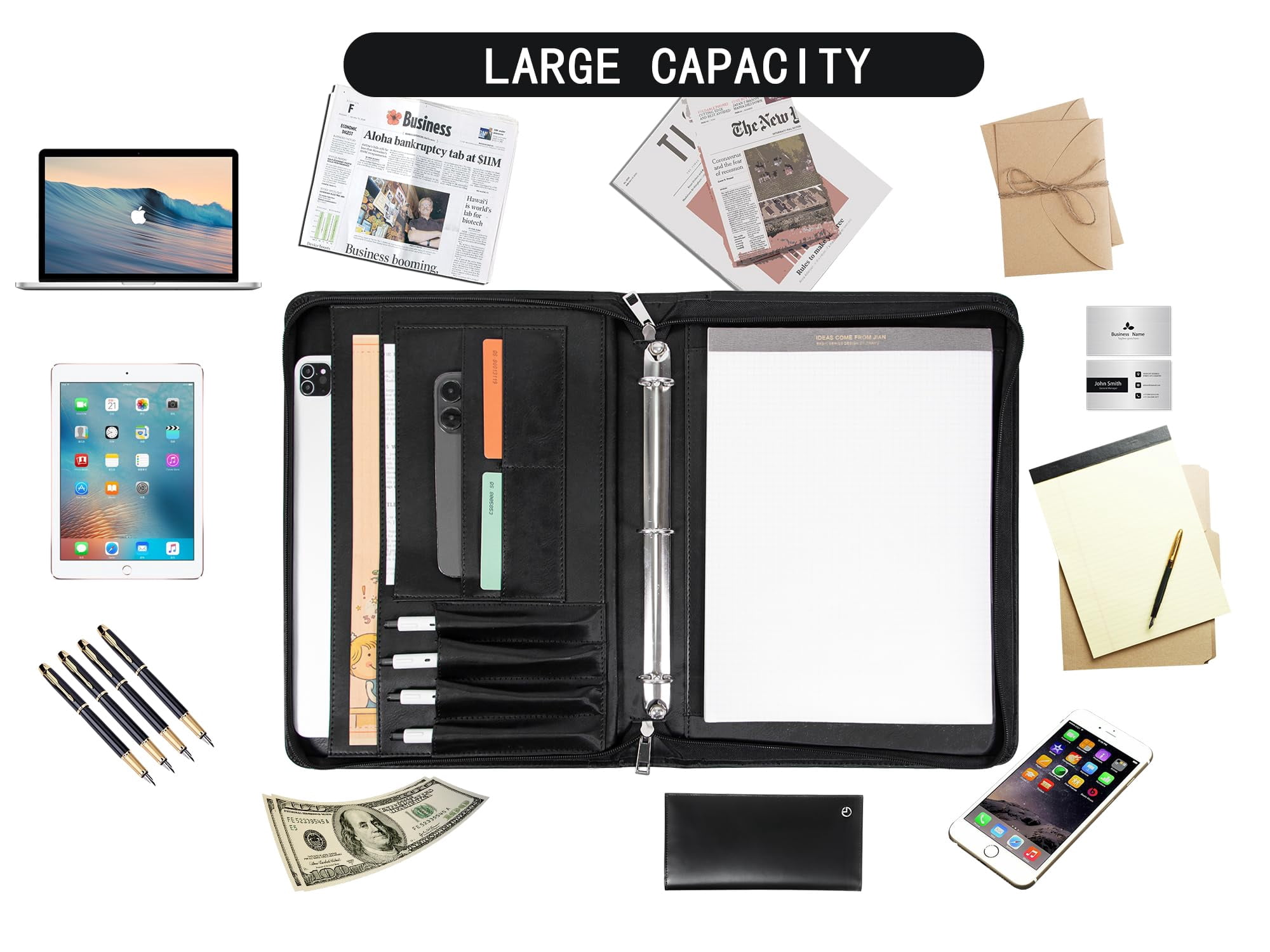 Premium Black Leather Business Binder – A4 Organizer with Pen Slots, Phone Holder & Multiple File Pockets – Perfect for Office, Meetings & Professionals
