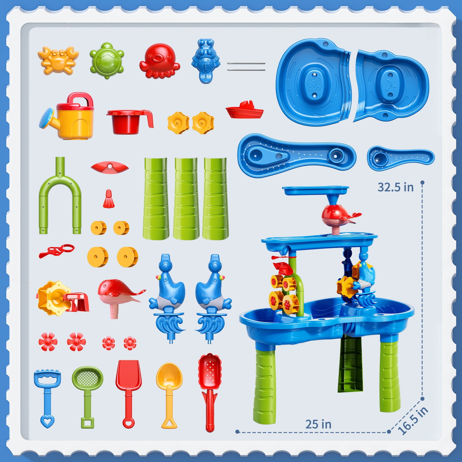 3-Tier Water Table for Toddlers 1-3, Multi-Functional Sand Water Table Toy with Rich Sand Toys, Sensory Activity Table for Kids Outdoor Indoor Beach Fun