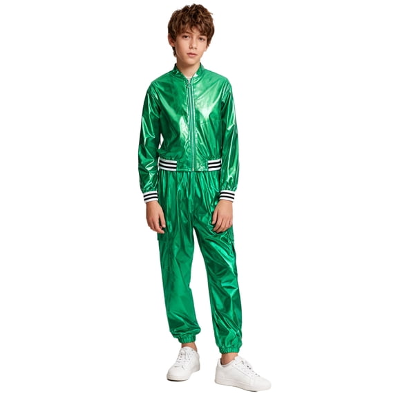 HULIJA Boys Metallic Bomber Jacket and Pants Modern Jazz Dance Clothing Set Hip Hop Dancing Outfits Green 14