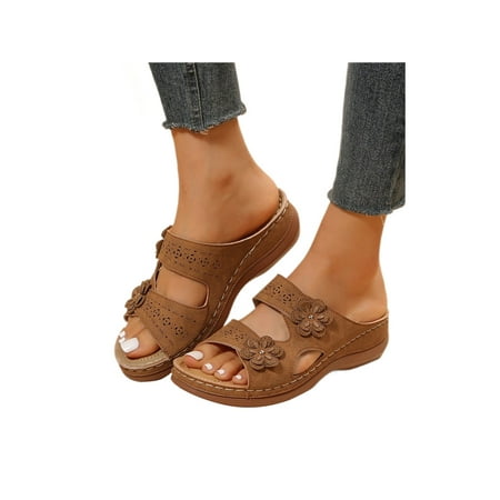 

SIMANLAN Womens Sandals Beach Wedge Sandal Slip On Slides Ladies Backless Casual Shoes Women Flowers Slide Slippers Brown 8.5