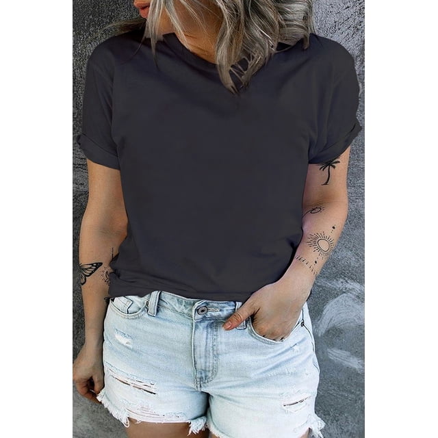 a.Jesdani T-Shirt Élégant Grande Taille : Col Rond Noir, Manches Roulées, Coupe Confortable
