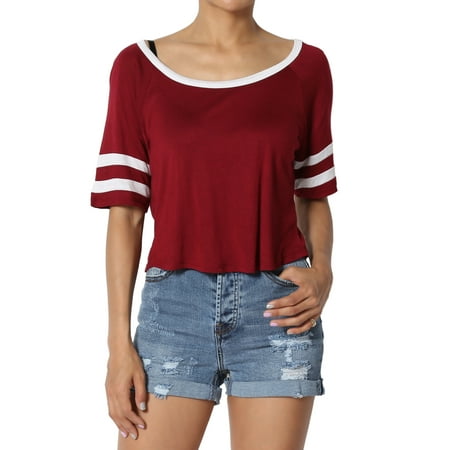 Soft Crop - TheMogan Junior's Oversized Stripe Sleeve Boat Neck Soft Jersey Crop Top Tee
