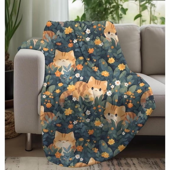 Cozy Cat Blanket, Flannel Sherpa Plush Throw, Warm Velveteen Animal Blanket for Home Decor, Christmas Gift for Kids & Cat Lovers