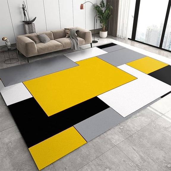 Modern Minimalist Yellow Geometric Rug, Black White Gray Square Indoor Area Rug, Non Slip Foldable Washable Mat For Family Living Room Bedroom Entryway Hallway Office Apartment 3x4ft