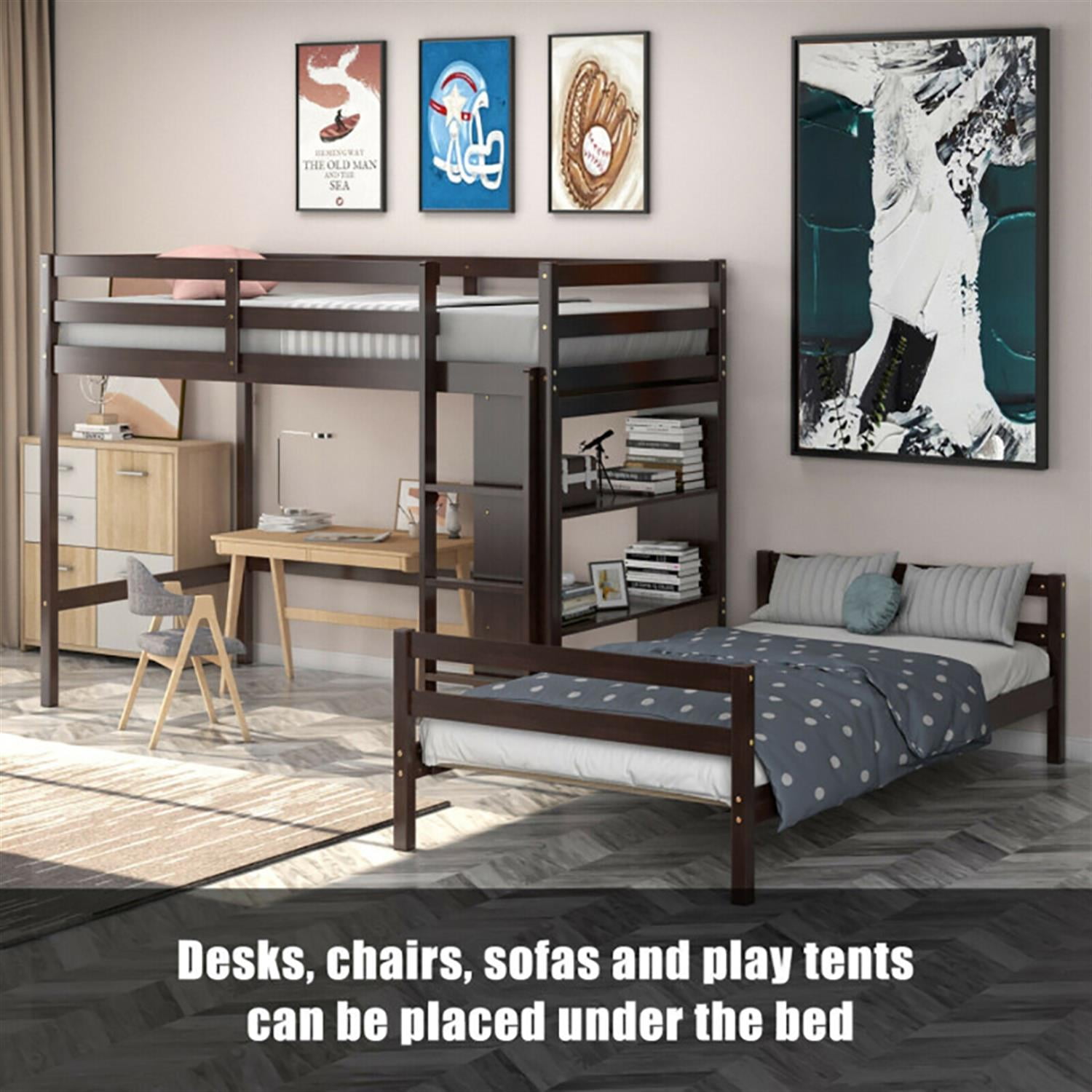 Demi Bonn Twin Over Twin Loft Bunk Bed with Bookcase, Space-saving Solid Wood House Bed Frame, Brown