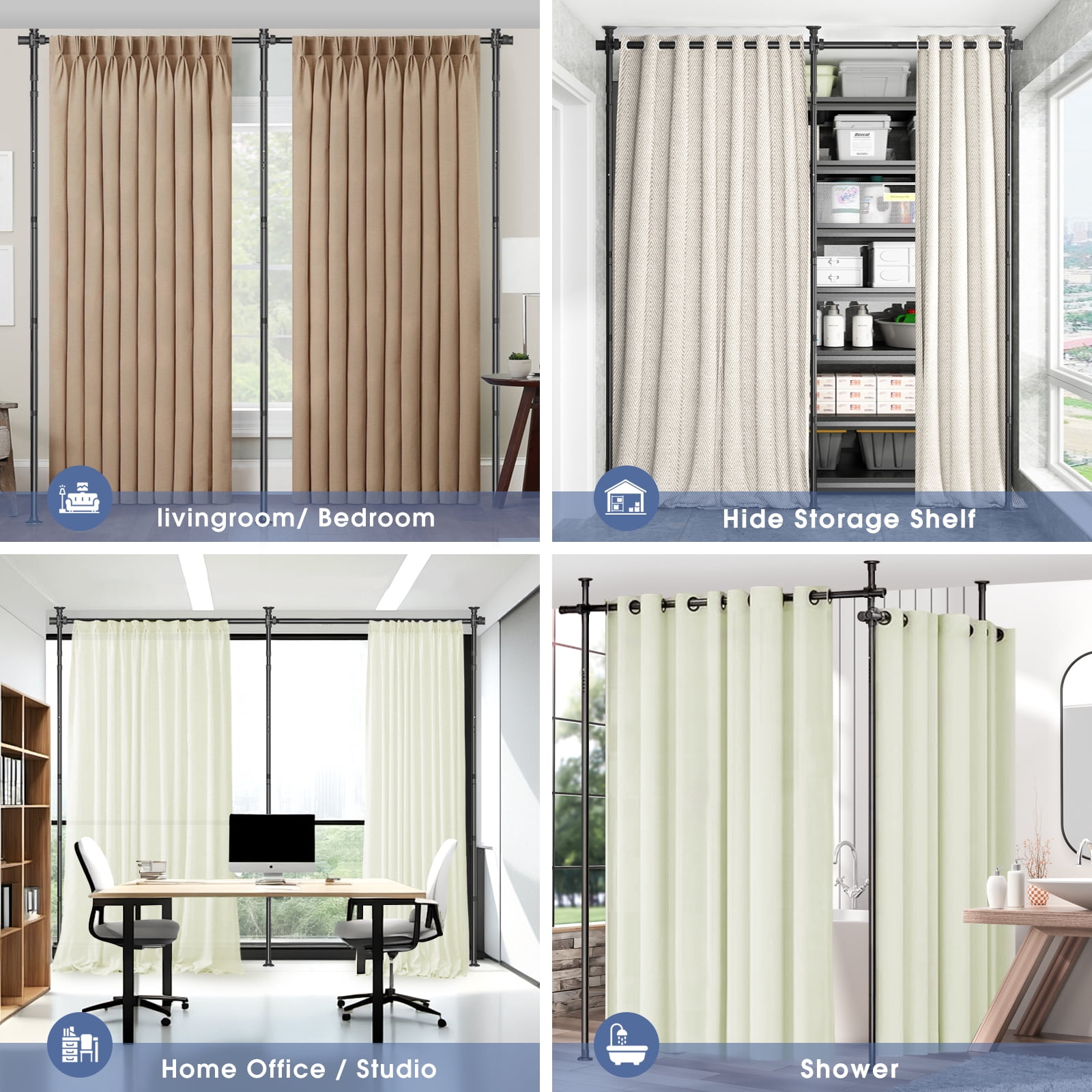 Room Dividers No Drilling Curtain Rod, 4-10ft(H) 29-146"(W) Adjustable Room Separator for Space Partition, Heavy Duty Floor to Ceiling Tension Rod, Black