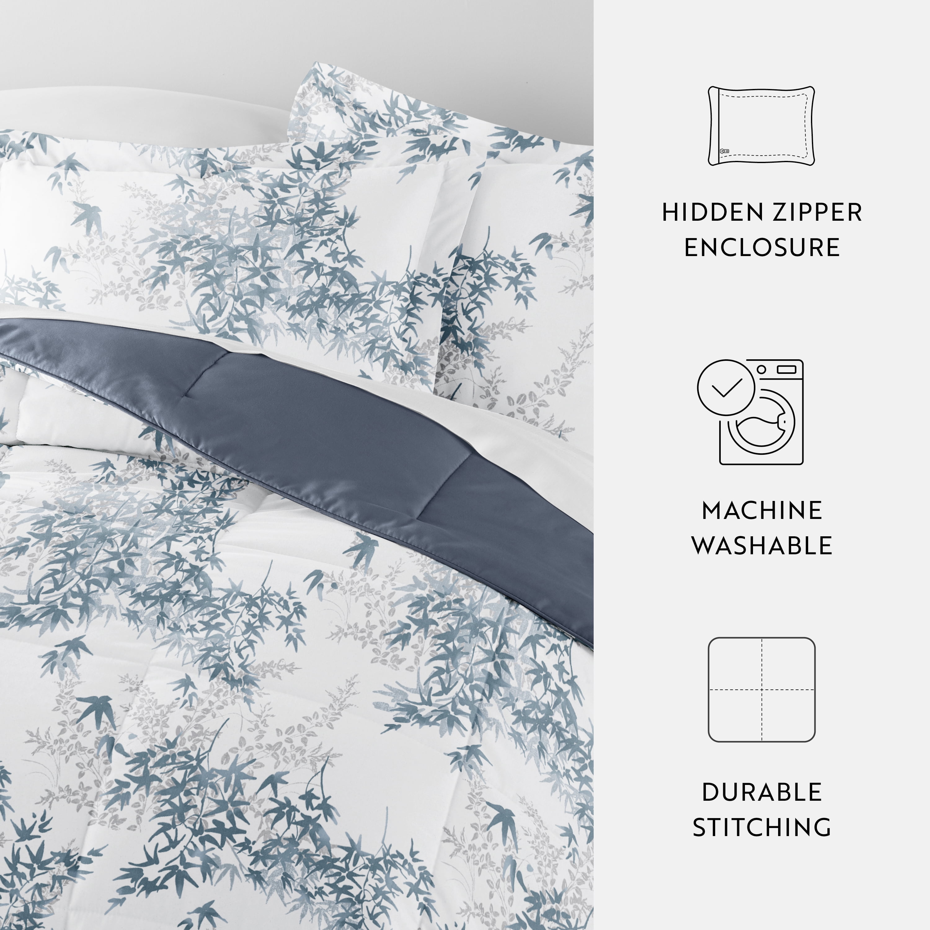 Noble Linens Down Alternative Bamboo Leaves Blue Stone Reversible Comforter Set