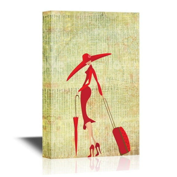 wall26 - Canvas Wall Art - The Lady in a Red Dress with a Suitcase and an Umbrella Goes to a Train - Gallery Wrap Modern Home Art | Ready to Hang - 32x48 inches