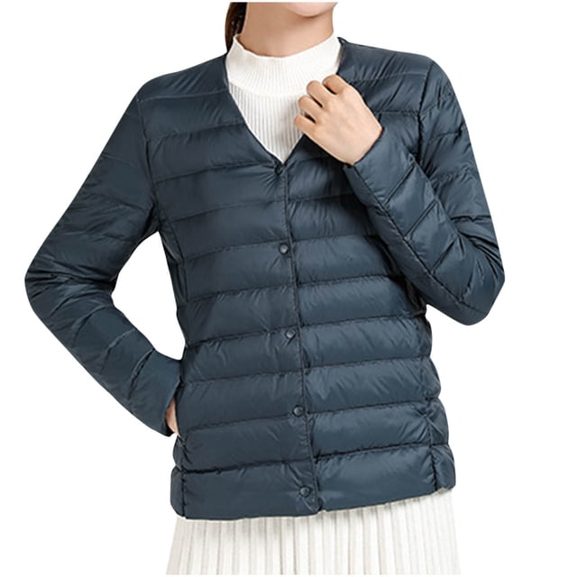 Cameland Women's Solid Color Lightweight Down Jacket V-neck Short Jacket Long Sleeved Cotton Jacket