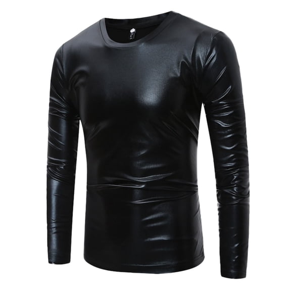 XIAONU Mens Leather Long Sleeve Shirt Crew Neck Slim Fit Party Basic Top