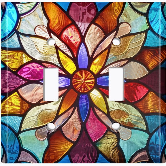 Metal Light Switch Wall Plate Outlet Cover (Printed Image of Stained Glass Colorful Flower - Double Toggle)
